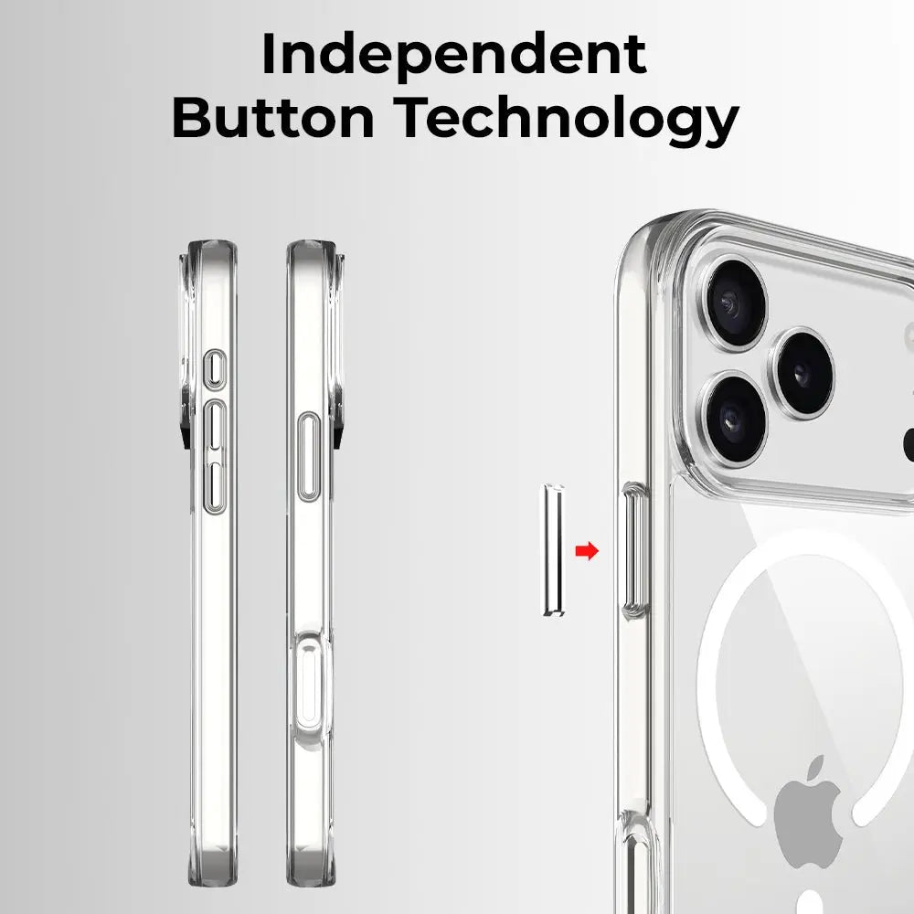 Phone case with independent button technology feature on a gray background