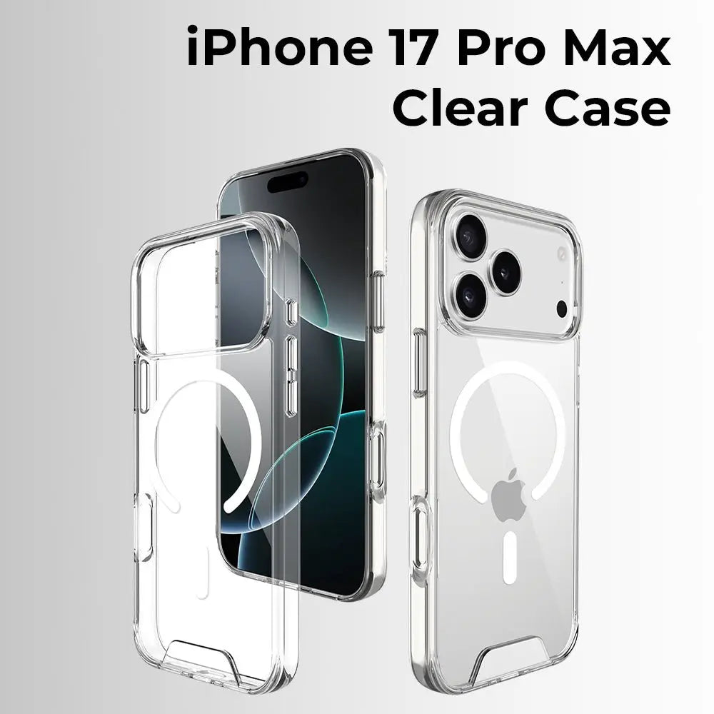 Clear case for iPhone 17 Pro Max on a light gray background