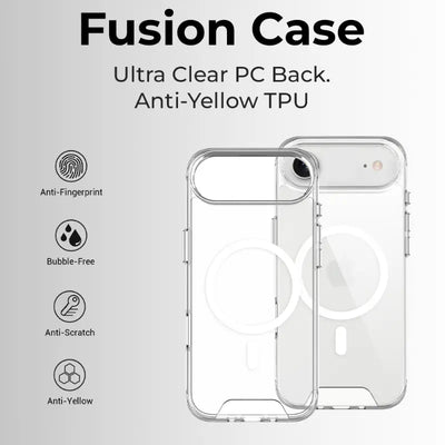 Clear phone case with text highlighting features on a white background