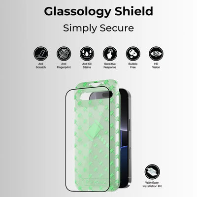 Glassology Shield phone screen protector with features listed on a white background