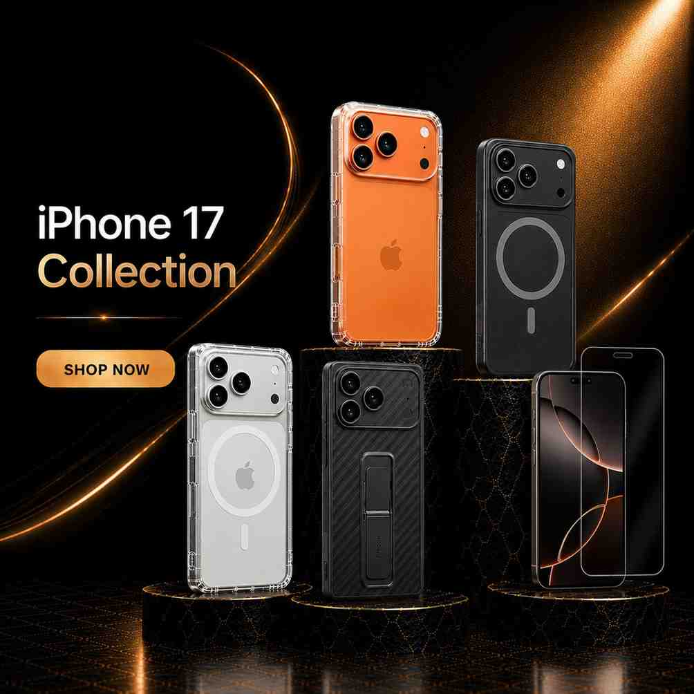 Collection of iPhone 17 phone cases on a dark background with 'Shop Now' button.