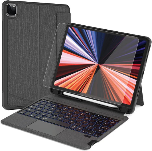 Glassology Smart Keyboard Folio Combo for iPad Pro 12.9 4th 5th 6th gen 2020/2021/2022 with Detachable Backlit Keyboard Trackpad Smart Connector English & Arabic with Screen Protector in Black
