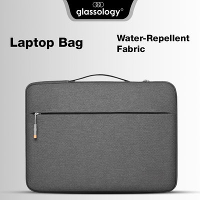 Gray laptop bag with water-repellent fabric on a gray background, featuring the Glassology brand.