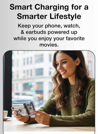 Woman using a smartphone with text about smart charging solutions.