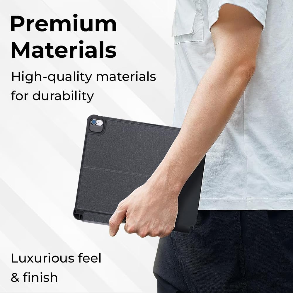 Person holding a black tablet case with text about premium materials and durability.