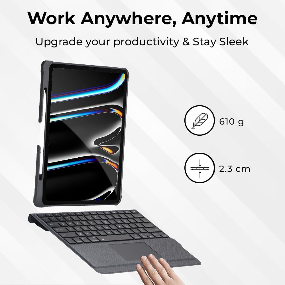 Tablet with keyboard case on a white background, emphasizing portability and productivity.
