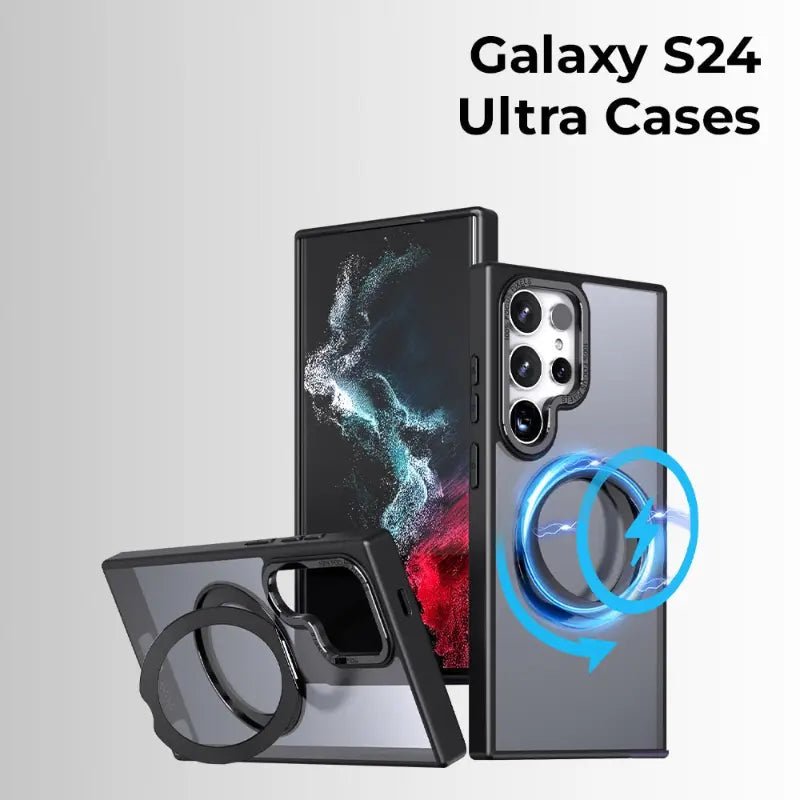Samsung Galaxy S24 Ultra MagSafe Case Sleek Black 360° rotate ring stand. - GLASSOLOGY