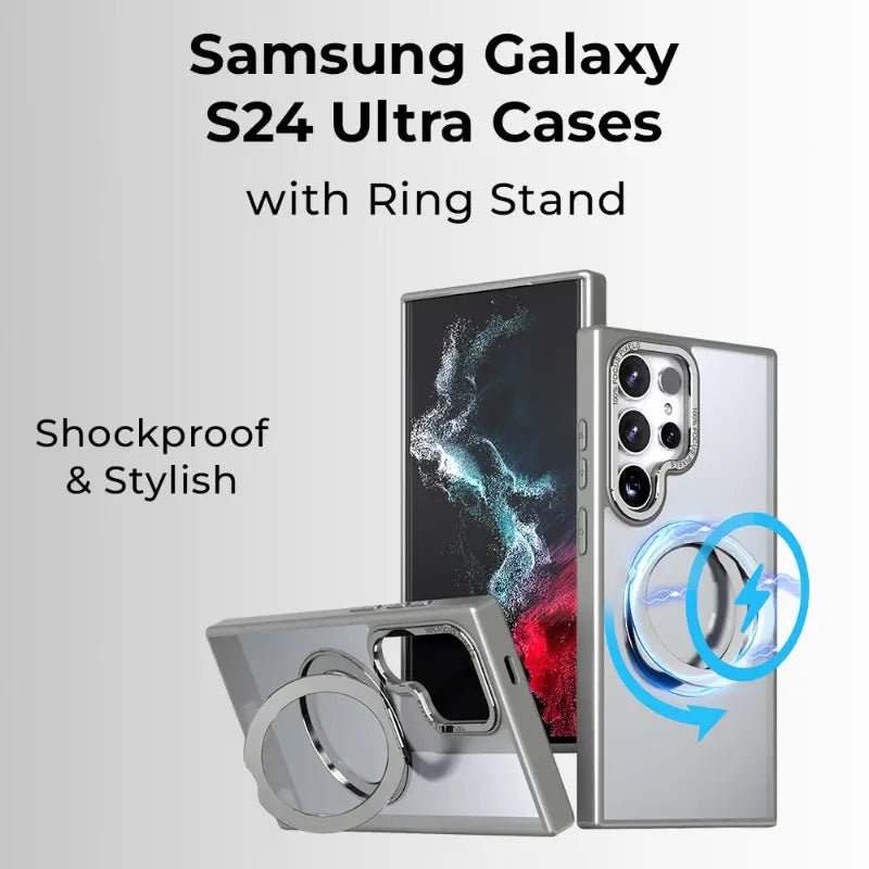 Samsung Galaxy S24 Ultra MagSafe Case Sleek Grey 360° rotate ring stand. - GLASSOLOGY