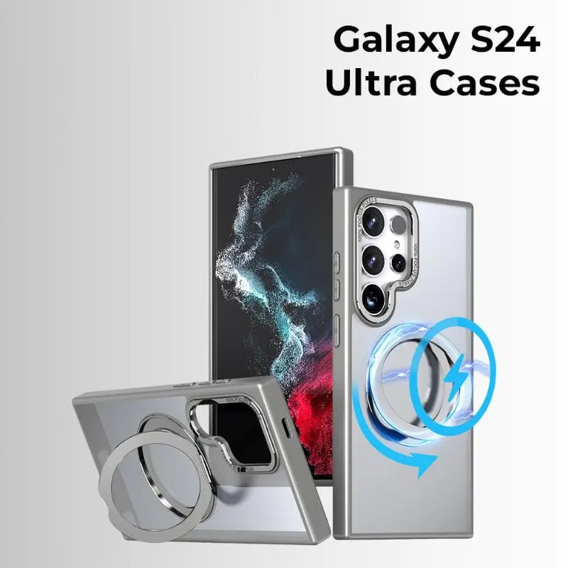 Samsung Galaxy S24 Ultra MagSafe Case Sleek Grey 360° rotate ring stand. - GLASSOLOGY