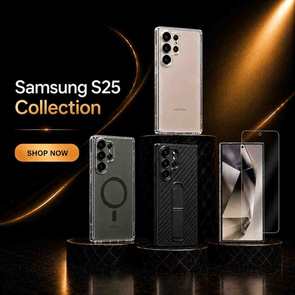 Samsung S25 Collection with various phone cases and screen protectors on a dark background.