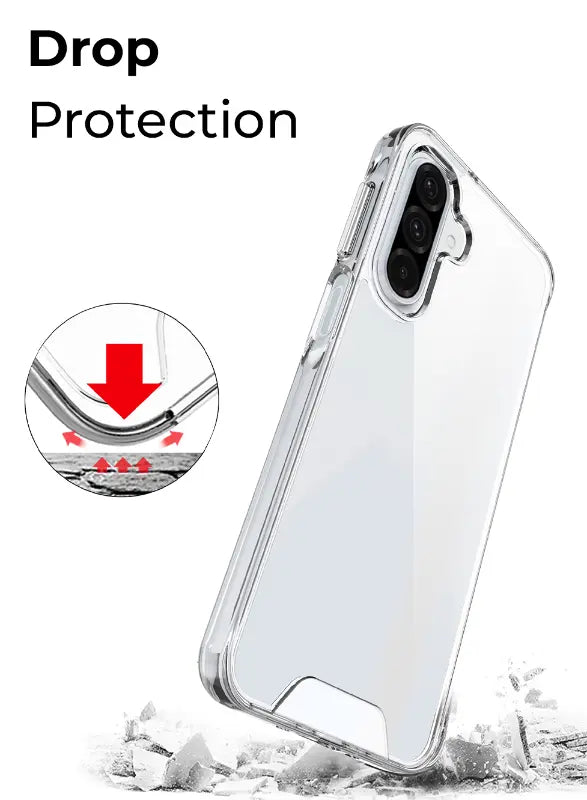 Phone case with drop protection feature and water splash illustration on a white background