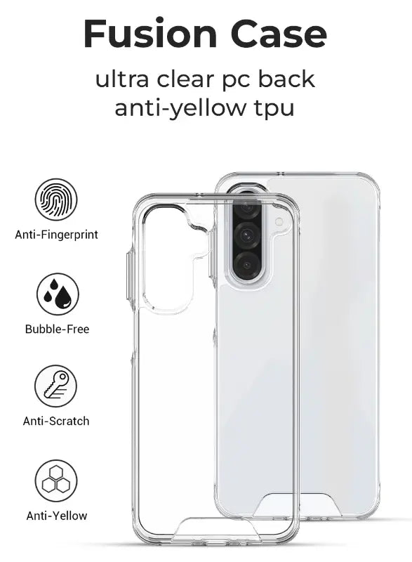 Clear phone case with features on a white background