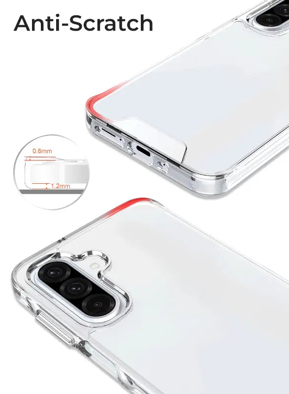 Phone case with anti-scratch feature and close-up of material thickness.