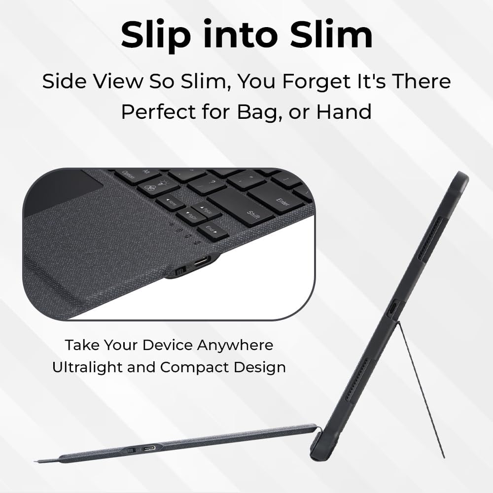 Black keyboard and pen with text highlighting slim design and portability on a white background