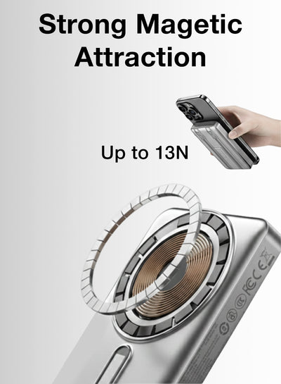 Smartphone with a magnetic ring and text highlighting strong magnetic attraction, up to 13N.