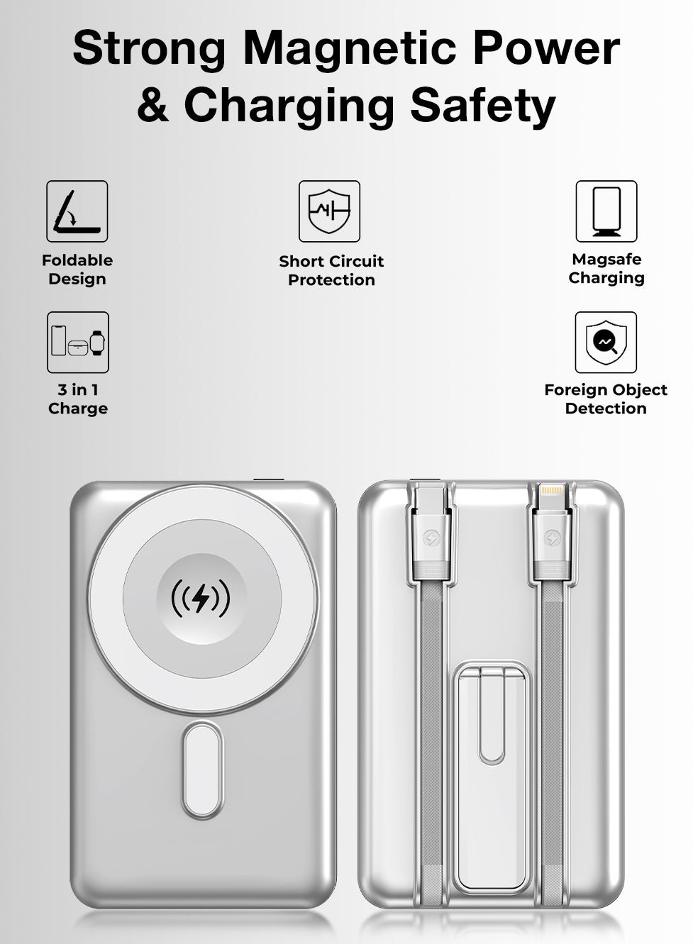 Wireless charging case with features listed on a gray background