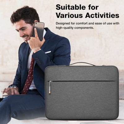 Man in a suit using a phone with a gray laptop bag in front, text 'Suitable for Various Activities' and 'Designed for comfort and ease of use with high-quality components.'.