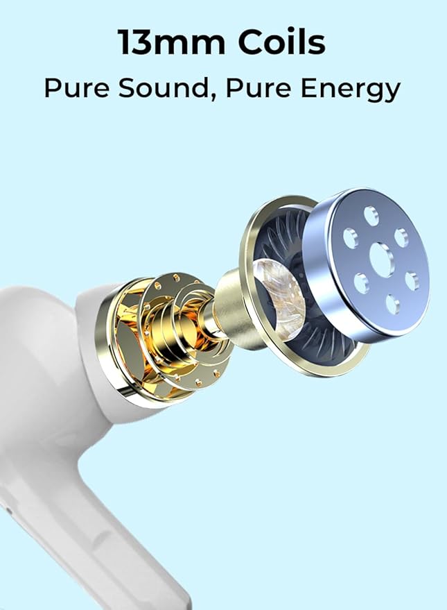 Close-up of earbud coils with text '13mm Coils' and 'Pure Sound, Pure Energy' on a light blue background.