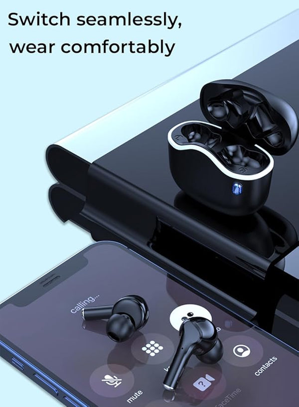 Wireless earbuds with charging case and smartphone displaying call interface on a light blue background.