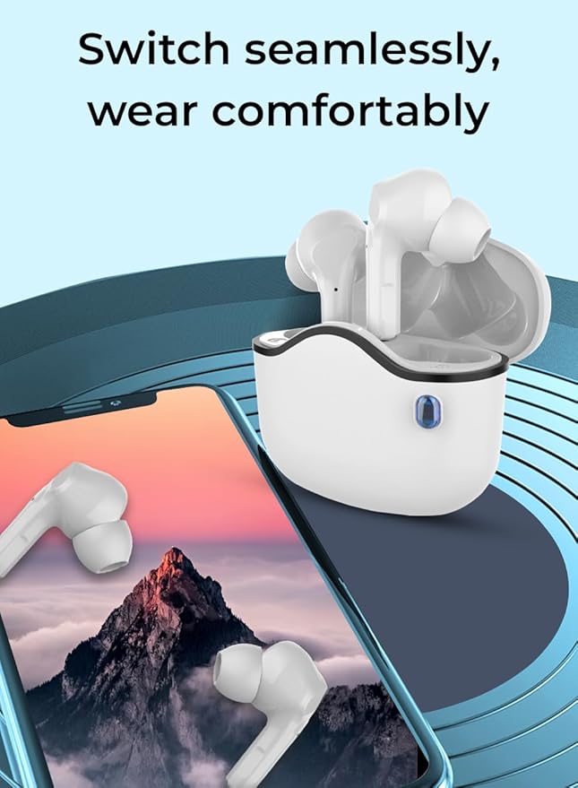 Wireless earbuds with charging case on a phone screen displaying a mountain landscape.