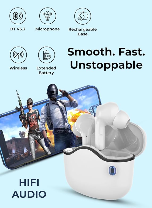 Wireless earbuds with charging case on a blue background, featuring text about features and performance.
