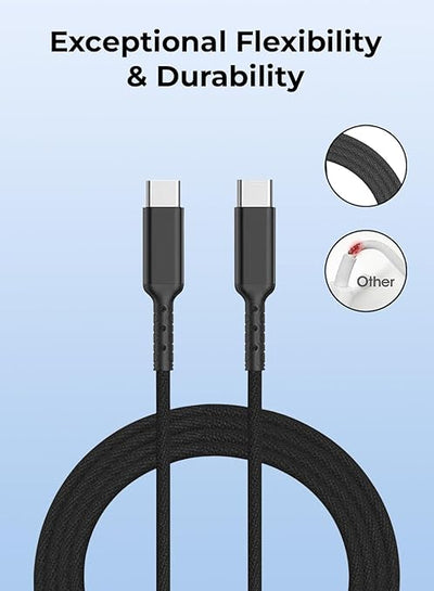 Black cable with connectors on a light blue background, emphasizing flexibility and durability.