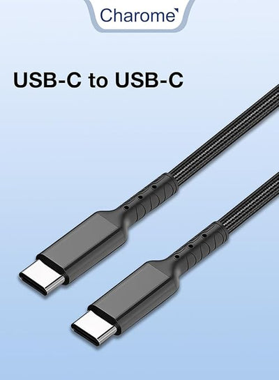 USB-C to USB-C cable on a light blue background with 'Charmore' branding.