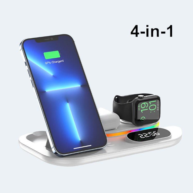 4 - in - 1 Wireless Magnetic Charging Stand with Clock - White - GLASSOLOGY